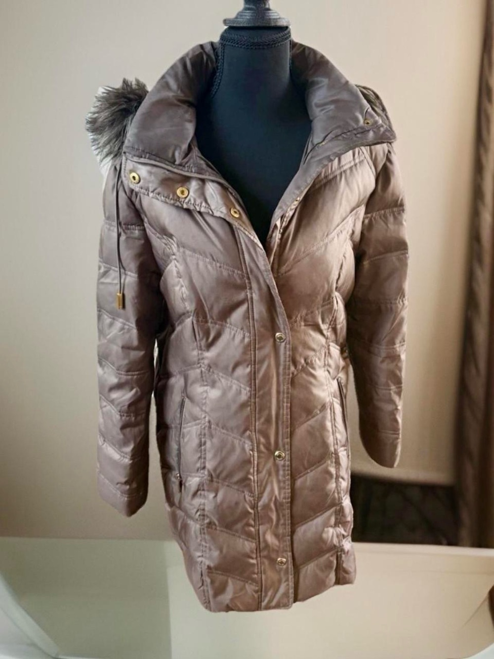 Vintage Kenneth Cole down filled Taupe Puffer Coat with Faux Fur Trim